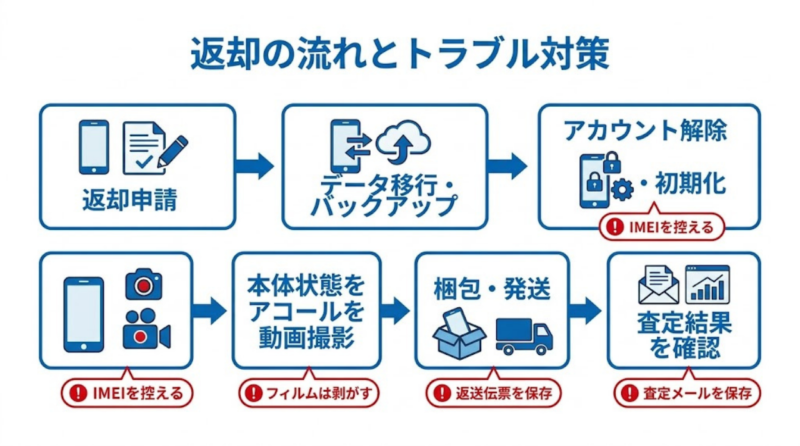 楽天モバイル返却プログラムの返却手順とトラブル対策フロー図