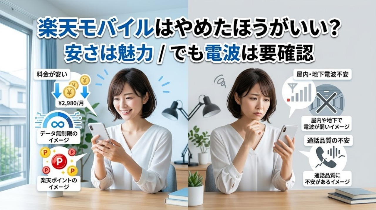 楽天モバイルの評判を料金の安さと電波の弱さの両面から解説するアイキャッチ画像