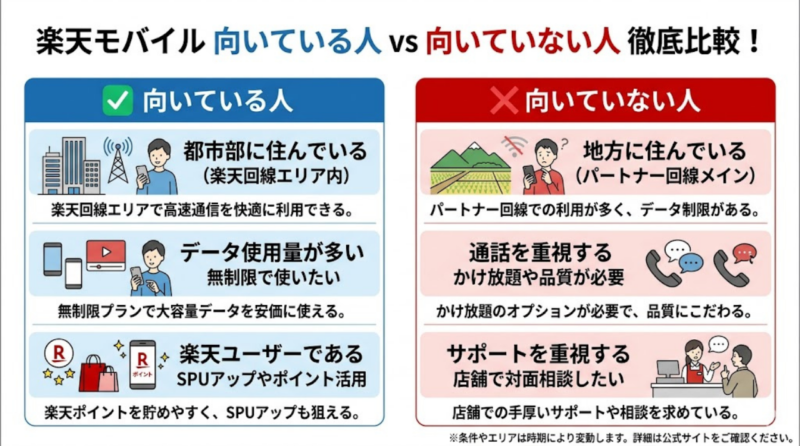 楽天モバイルが向いている人と向いていない人の比較図