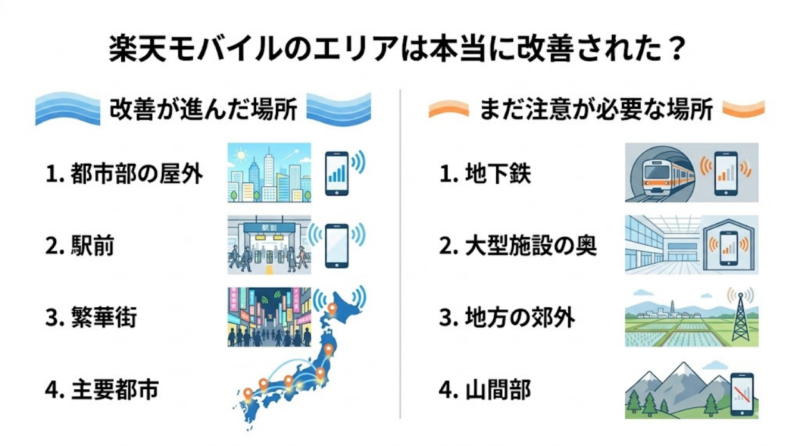 楽天モバイルで改善が進んだ場所とまだ注意が必要な場所を比較した図