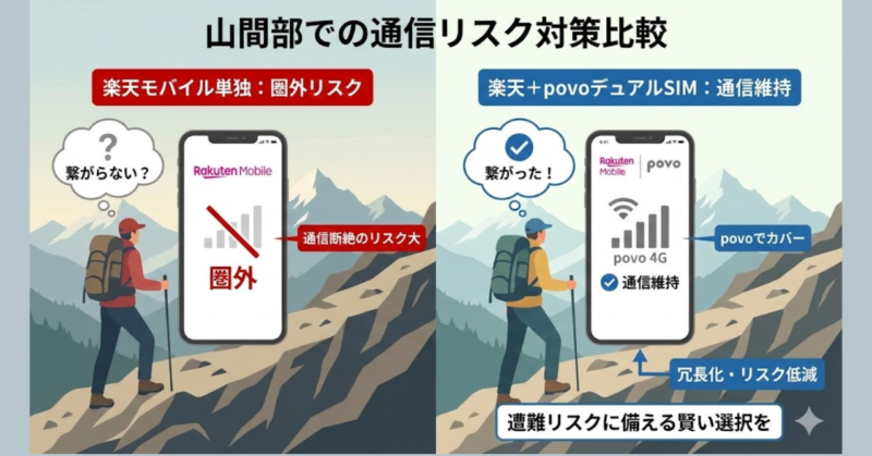 山間部での楽天モバイル単独利用とデュアルSIM運用の比較