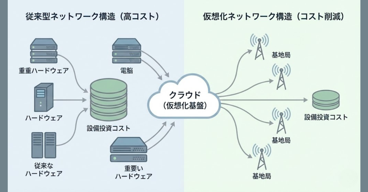 楽天モバイルの低価格が仮想化ネットワークとコスト構造によって成立していることを示す概念図