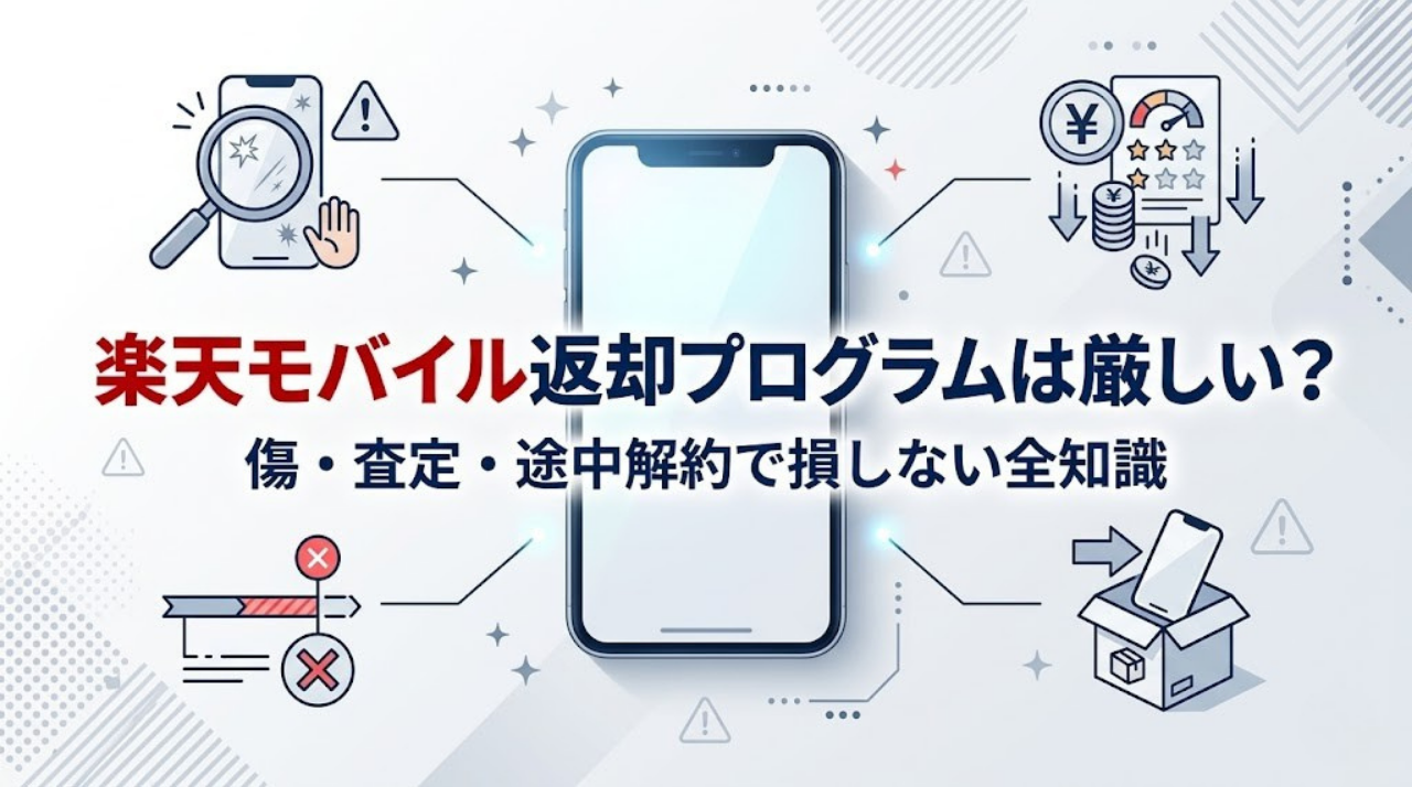 楽天モバイル返却プログラムの査定や傷・途中解約の注意点を解説するアイキャッチ画像