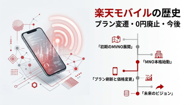 楽天モバイルの歴史とプラン変遷、0円廃止から今後までを示したアイキャッチ画像