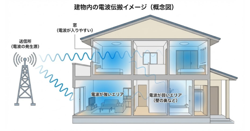 楽天モバイルのプラチナバンド導入による屋内通信改善と限界を示した構造図