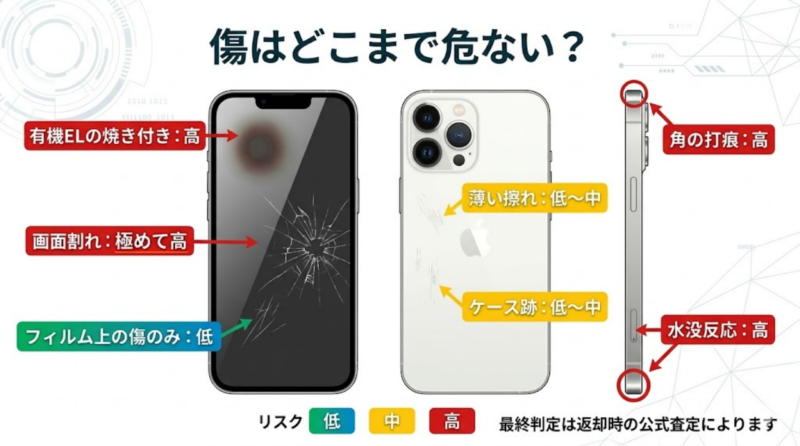 楽天モバイル返却プログラムで注意したい傷や焼き付きの査定基準イメージ図