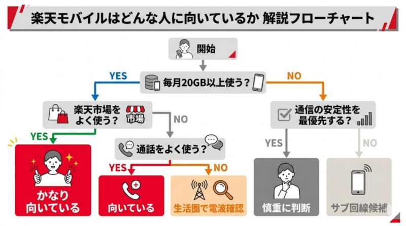 楽天モバイルが向いている人と向いていない人を判断できるフローチャート画像