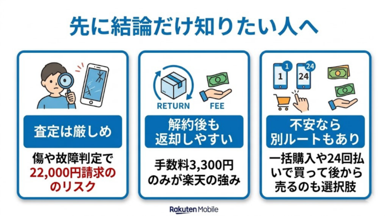 楽天モバイル返却プログラムの結論を3点で整理した要約図