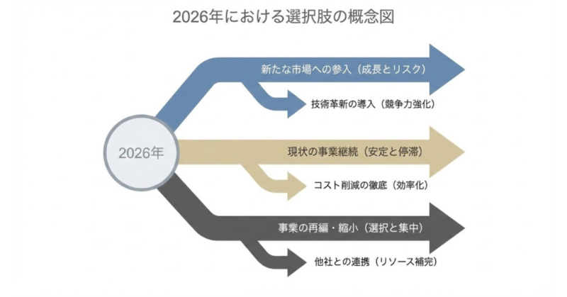 2026年を分岐点として、楽天モバイルの通信環境が複数の方向に分かれる可能性を示した図