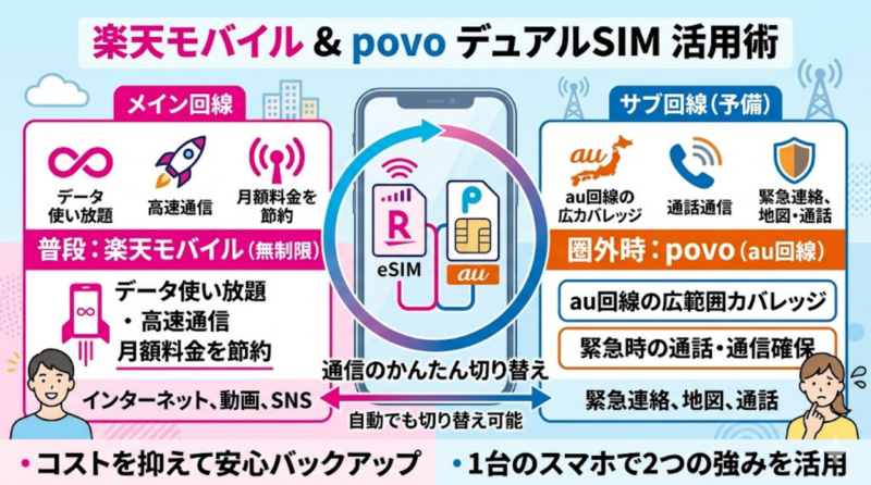 楽天モバイルとpovoのデュアルSIM活用イメージ