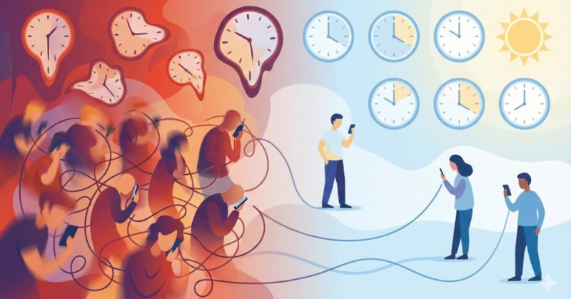 電話が混雑する時間帯と回避方法をイメージした図解風イラスト