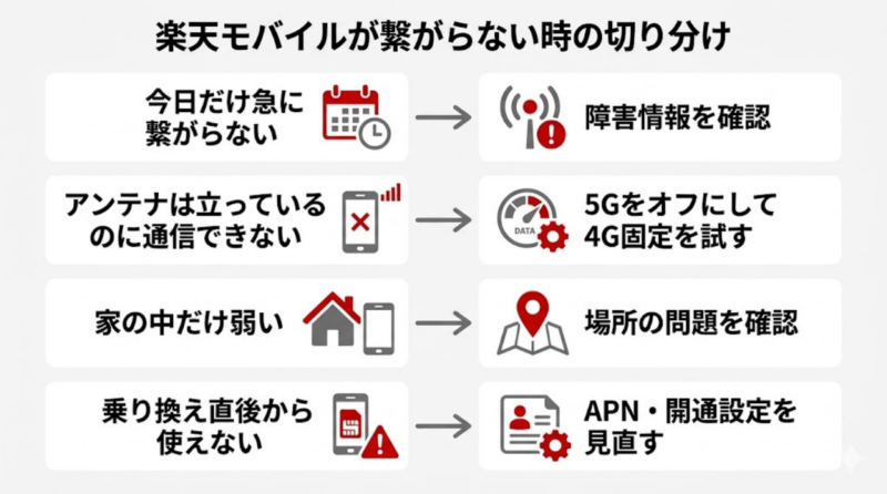 楽天モバイルが繋がらない時の原因を切り分けるフローチャート