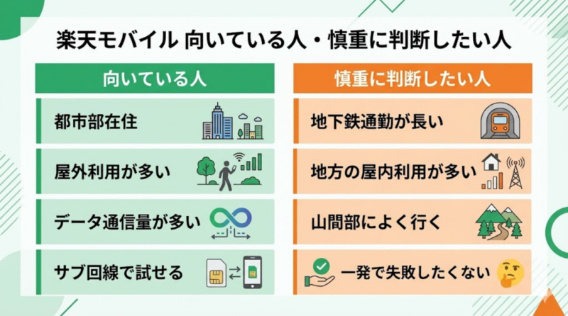 楽天モバイルに向いている人と慎重に判断したい人を比較した表