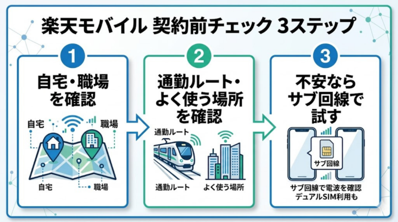 楽天モバイル契約前に確認すべき3ステップをまとめたフロー図