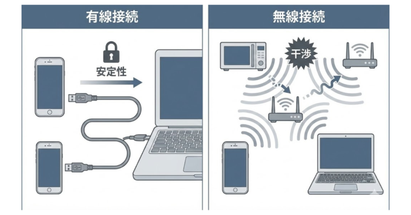 楽天モバイル利用時におけるUSBテザリングとWi-Fi接続の安定性の違いを示した図