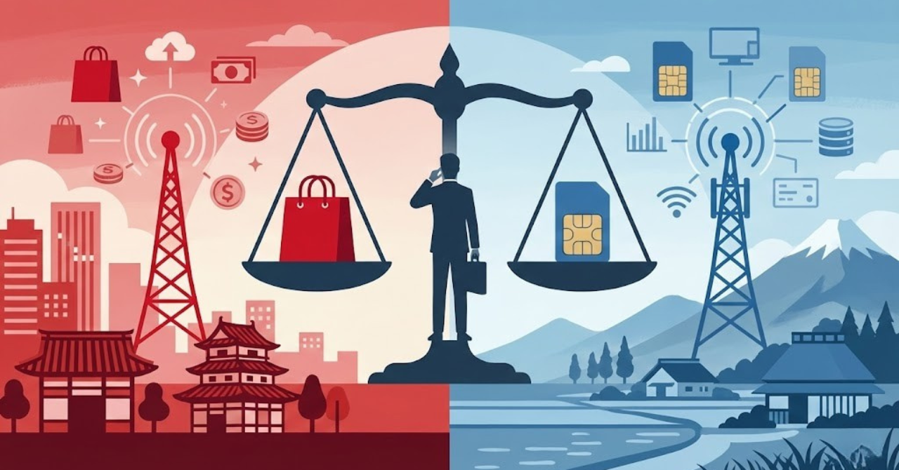 利用者タイプを左右に分けた比較イラスト。 左側は動画視聴や大容量通信を使う人物像、 右側は通話や安定通信を重視する人物像。 色は左が赤系、右が青系。 人物はシンプルなシルエット表現。 文字・英語・数字は一切入れない。 日本向けの比較記事用イラスト。