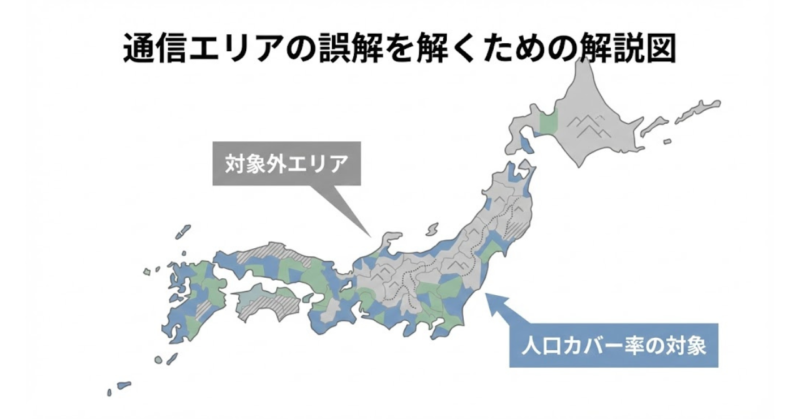 人口カバー率に含まれない山間部や登山道の概念図