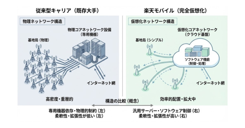 楽天モバイルと既存キャリアのネットワーク構造の違いを示した図。仮想化構造と基地局密度の差を比較している