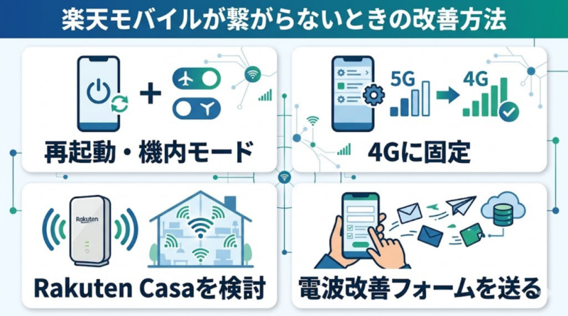 楽天モバイルが繋がらないときの改善方法を4つにまとめた図