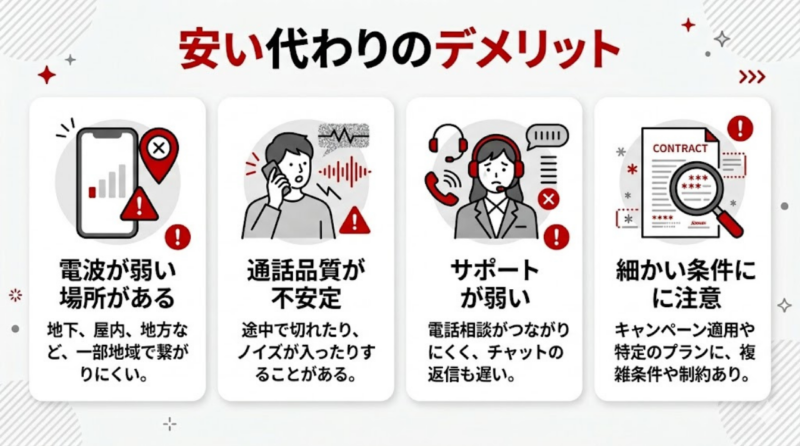 楽天モバイルのデメリットまとめ図