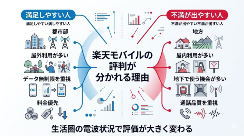 楽天モバイルの評判が都市部屋外では高く地方屋内では低くなりやすい理由を示した図解