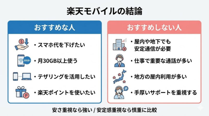 楽天モバイルがおすすめな人とおすすめしない人を比較したインフォグラフィック