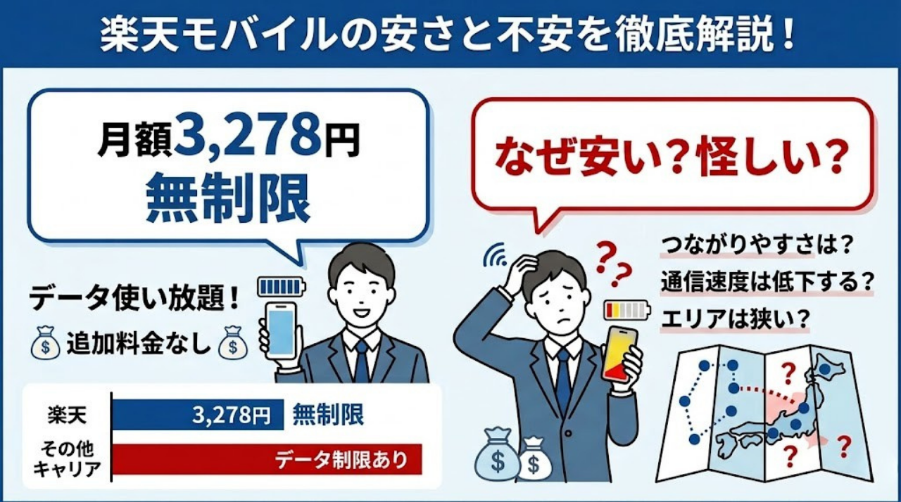 楽天モバイルが安い理由とデメリットを解説するイメージ