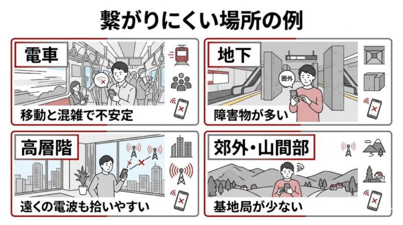楽天モバイルが繋がりにくい場所をまとめた図解