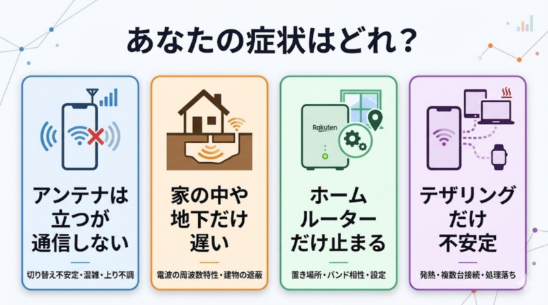 楽天モバイルのパケ詰まりを症状別に切り分ける図