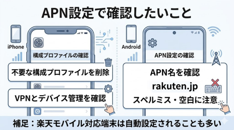 iPhoneの構成プロファイル確認とAndroidのAPN見直しのイメージ図