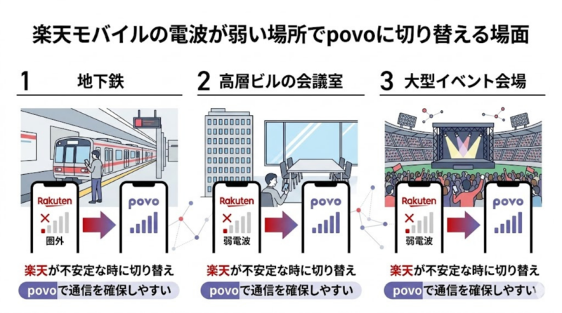 楽天モバイルの電波が弱い場所でpovoに切り替える利用シーン図