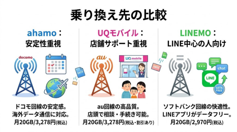 楽天モバイルからの乗り換え先としてahamo、UQモバイル、LINEMOの違いを整理した比較図