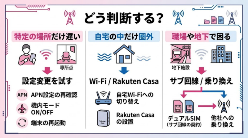 楽天モバイルが屋内で繋がらない場合の判断目安を3パターンで整理した日本語図解