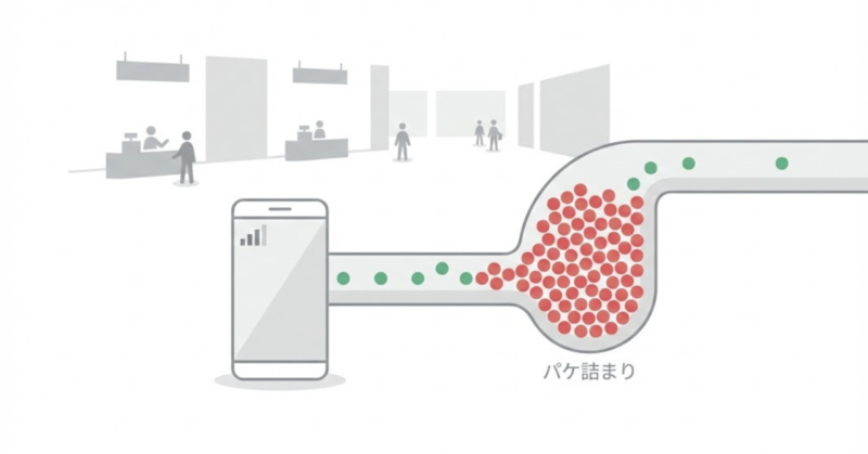 楽天モバイルで混雑時にパケ詰まりが起きるイメージ（アンテナは立つが遅い）