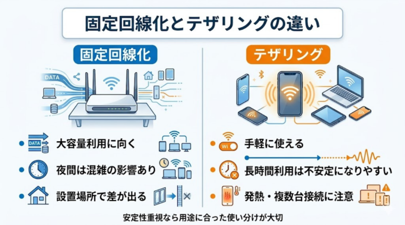 楽天モバイルの固定回線化とテザリングの違いを比較した図