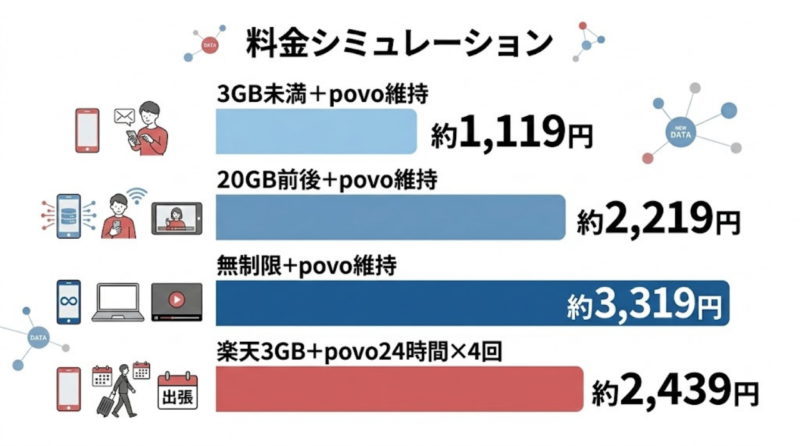 楽天モバイルとpovoを併用した場合の料金シミュレーション図