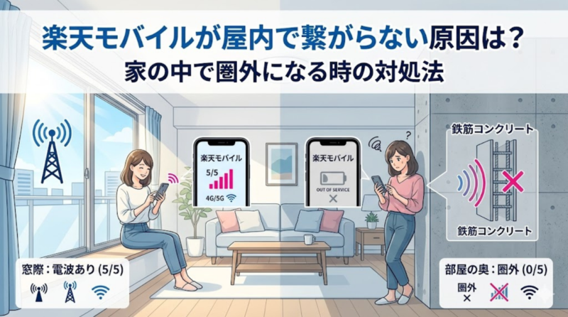 楽天モバイルが家の中で繋がらず、窓際と部屋の奥で電波状況が違うことを示したアイキャッチ画像