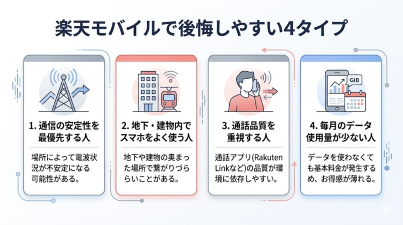 楽天モバイルで後悔しやすい4タイプをまとめた図