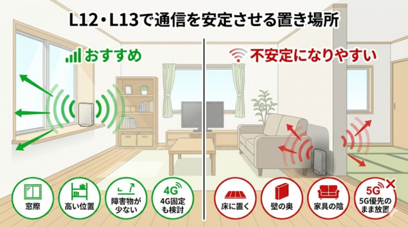 L12とL13のホームルーターで安定しやすい設置場所のイメージ