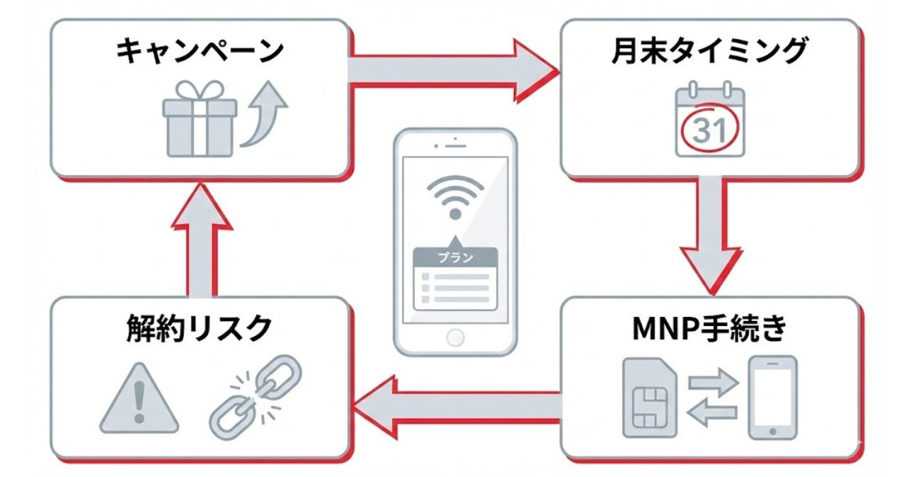 楽天モバイル乗り換えにおけるタイミング・制度・手順の全体像を整理した概念図