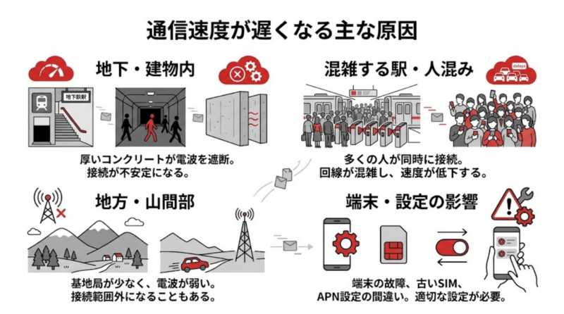 楽天モバイルの通信速度が遅くなる主な原因をまとめた図解