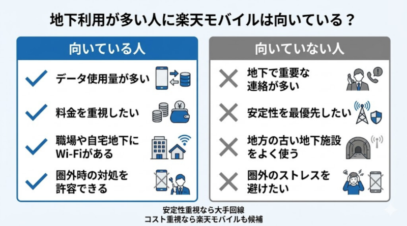 地下利用が多い人に楽天モバイルが向いている人と向いていない人の比較図