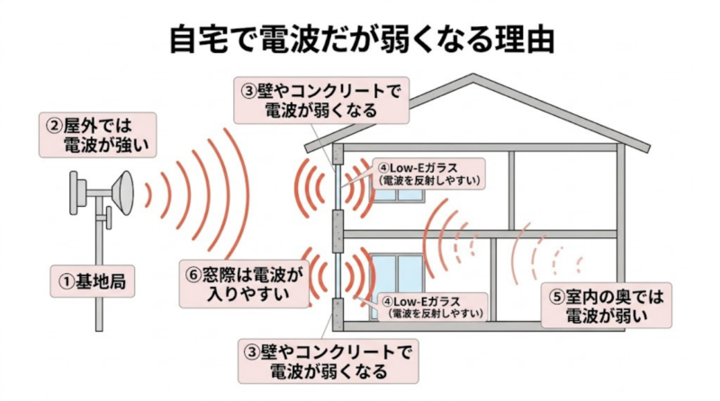 自宅の中で楽天モバイルの電波が弱くなる原因を示した模式図