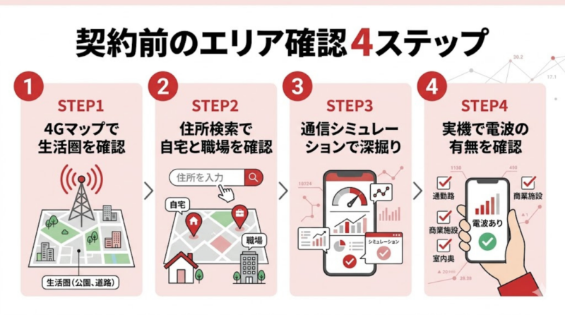 楽天モバイルの契約前に行うエリア確認手順をまとめた図