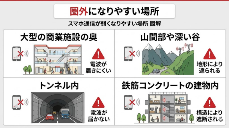 楽天モバイルが田舎で圏外になりやすい場所を4つにまとめた図解