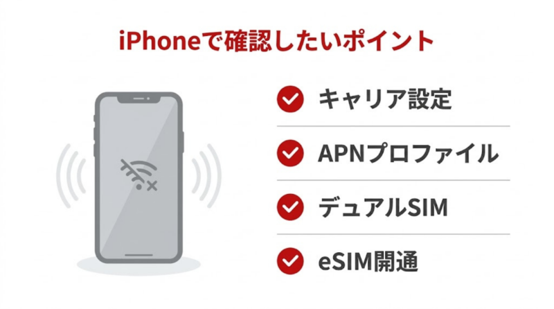 iPhoneで楽天モバイルが圏外になるときに確認したい4つのポイントをまとめた図