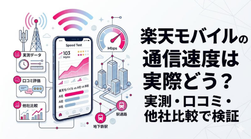 楽天モバイルの通信速度を実測や口コミ、他社比較で検証する記事のアイキャッチ画像