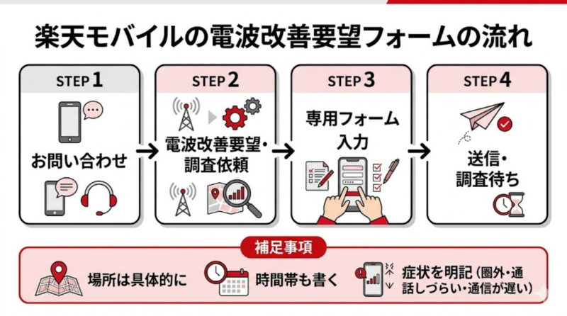 楽天モバイルの電波改善要望フォームの流れを4ステップで示した図解