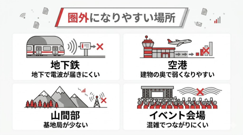 楽天モバイルが圏外や通信不安定になりやすい場所をまとめた図解