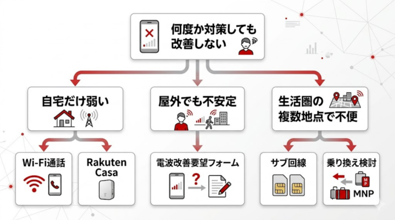 楽天モバイルの電波が改善しないときの対処法を分岐で示したフローチャート